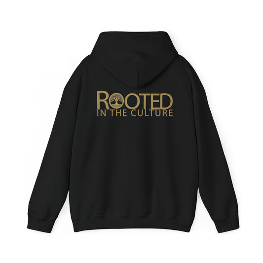 Back of black Rooted in the Culture hoodie featuring the full signature logo printed in gold.