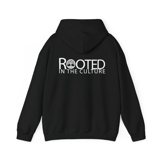 Back of black Rooted in the Culture hoodie featuring the full white signature logo