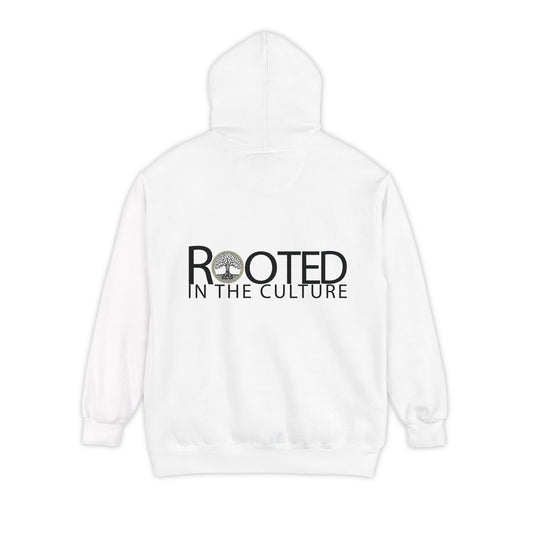Back of white Rooted in the Culture hoodie featuring the full signature logo in black and gold.