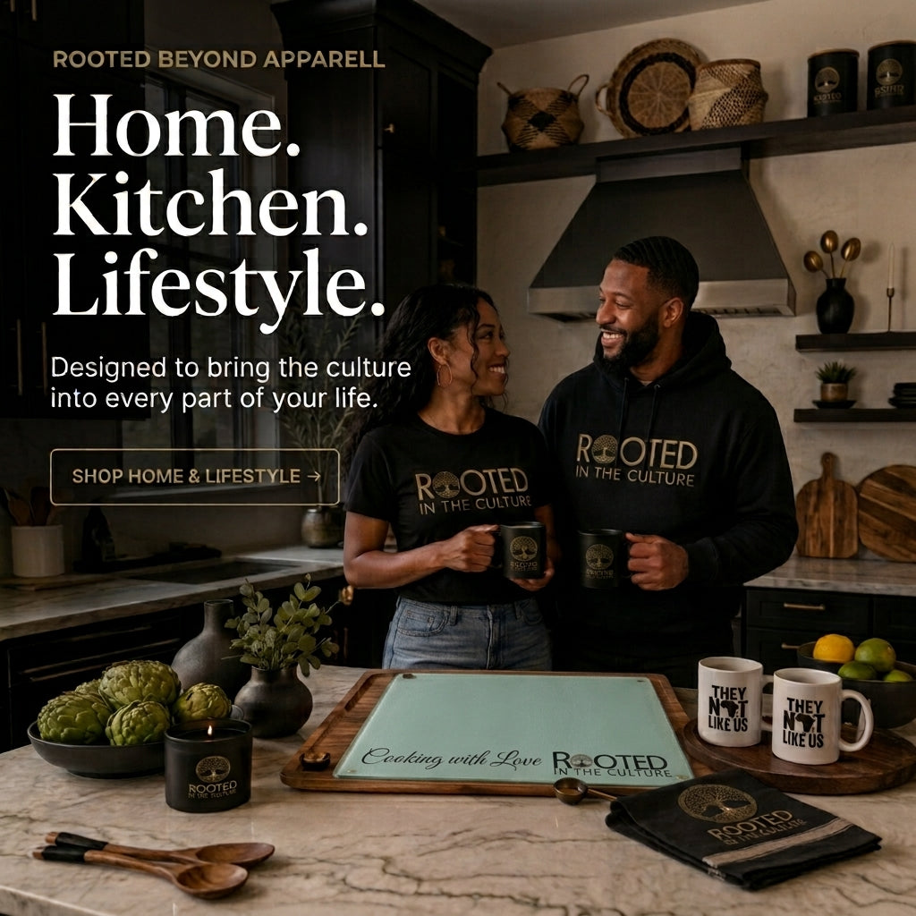 A man and woman standing in a modern kitchen, both wearing black Rooted Beyond Apparel hoodies and mugs. The scene includes matching mugs on the counter, a branded towel, and large promotional text on the left reading 'Home.