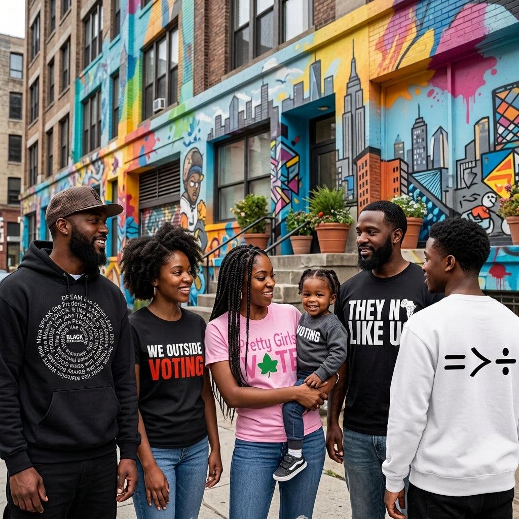 Black voters community gathering image featuring various voter mobilization apparel. A man wears a "Rooted in the Culture" hoodie, a woman wears a "We Outside Voting" tee, and another is in a "Pretty Girls Vote" shirt with a toddler in a "VOTING" sweater, all standing before a vibrant street mural.
