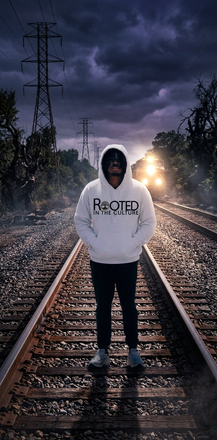 A man standing on railroad tracks at night wearing a white hoodie with 'ROOTED IN THE CULTURE' printed on the chest, black pants, and sneakers. A train approaches in the distance under a dramatic stormy sky.