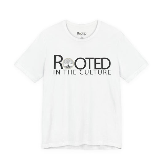 White Rooted in the Culture unisex T-shirt featuring the signature logo.